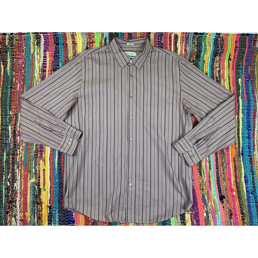 Calvin Klein Mens L Large Modern Fit Striped Lilac Purple Button Up Shirt